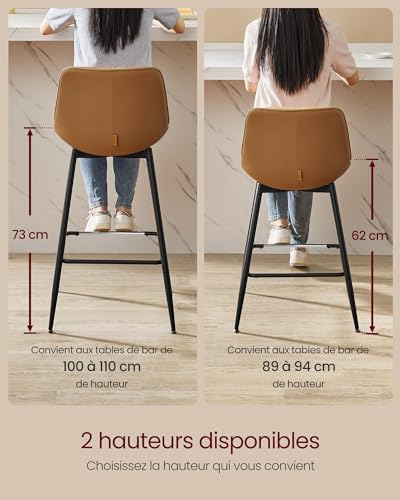 Tabourets De Bar VASAGLE – Lot De 2 – Hauteur Réglable 63-84 Cm – Pivotants – Dossier Ergonomique – PU Noir – Capacité 120 Kg - 8
