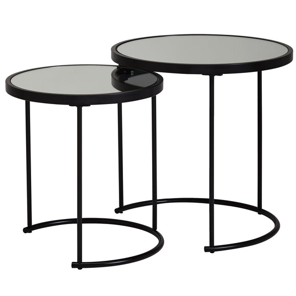 FineBuy Tables Gigognes Rond Ø 50/42 cm Deux Pièces Verre De Miroir Noir | Table De Salon Conception Moderne | Table De Salon avec Cadre en Métal | Table Fleurs Décoratif