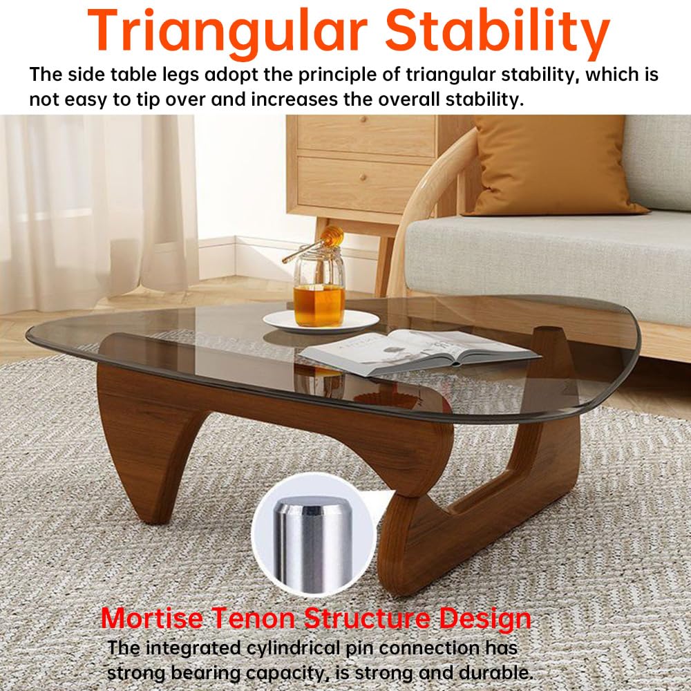 Red Barrel Studio Table Basse Triangulaire En Verre Avec Base En Bois Et Plateau En Verre Transparent Mid Century C003281392