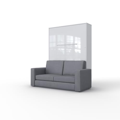 MAXIMAHOUSE Lit escamotable Vertical LED Invento 140V avec Le canapé (140×200) (Blanc/Blanc Brillant+Sofa Anthracite/Gris)