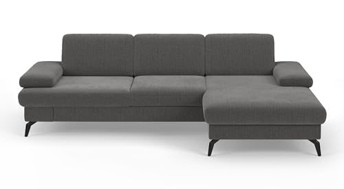 CAVADORE Moritz Canapé d'angle avec Chaise Longue, lit, Coffre de lit, réglage de la Profondeur d'assise, appuie-têtes et Pieds en métal Noir Mat, 275 x 82-107 x 171 cm, tissé à Plat, Gris