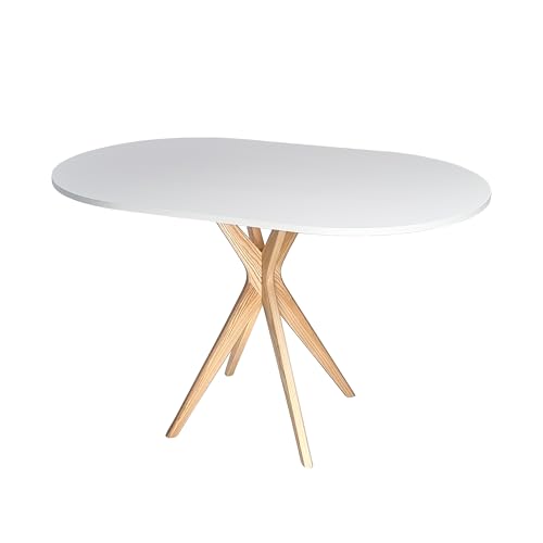 RAGABA Petite table à manger ovale 100 x 75 cm, cadre en X, table à manger pour 4 personnes, bois massif, moderne, peu encombrante | Blanc
