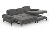 CAVADORE Moritz Canapé d'angle avec Chaise Longue, lit, Coffre de lit, réglage de la Profondeur d'assise, appuie-têtes et Pieds en métal Noir Mat, 275 x 82-107 x 171 cm, tissé à Plat, Gris