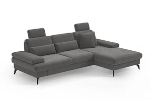 CAVADORE Moritz Canapé d'angle avec Chaise Longue, lit, Coffre de lit, réglage de la Profondeur d'assise, appuie-têtes et Pieds en métal Noir Mat, 275 x 82-107 x 171 cm, tissé à Plat, Gris
