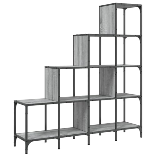 YNGBHFNOP Bibliothèque Étagère Escalier Design Moderne Sonoma Gris 122 cm, Meuble de Rangement en Bois Ingénierie et Métal pour Salon Bureau, Étagère Livres Décorative Robuste avec Fixation Murale