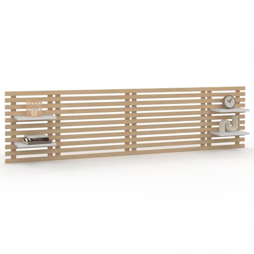 IDMarket - Tête de lit Suspendue en Lattes AVA 240 cm Bois Clair et étagères Blanches IDMarket - Tête de lit Suspendue en Lattes AVA 240 cm Bois Clair et étagères Blanches