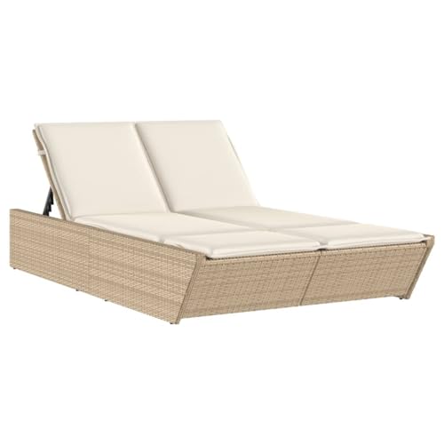 Gecheer Chaise Longue Double avec Coussins Beige résine tressée, Bain de Soleil inclinable de Jardin Exterieur, Dossier Réglable Lit de Jardin Transat de Plage Relax