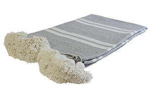 ESSENCE OF MOROCCO Couverture marocaine à pompons tissée à la main en pur coton 3 m x 2 m (gris blanc)