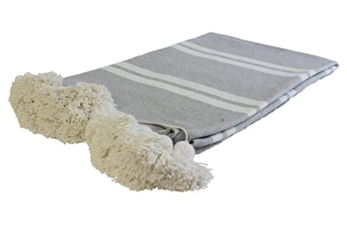 ESSENCE OF MOROCCO Couverture marocaine à pompons tissée à la main en pur coton 3 m x 2 m (gris blanc)