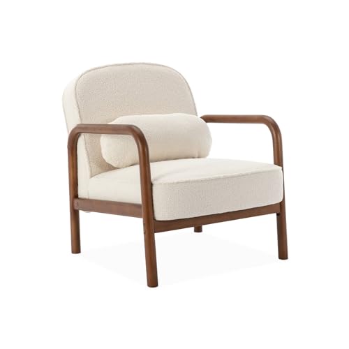 sweeek - Fauteuil scandinave Bois d'hévéa Finition Noyer Clair et Dossier Arrondi en Bouclette Blanche - Amelie