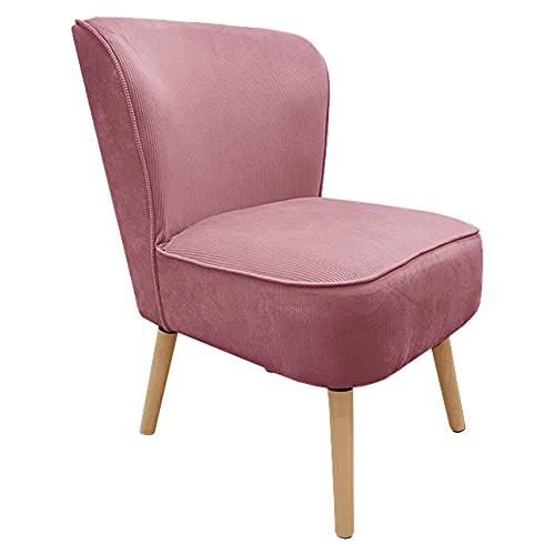 Meubletmoi Fauteuil Bas, Structure en Bois de pin, Tissu Finition Velours côtelé Rose et piètement en Bois de Bouleau - Natsu