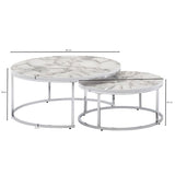 WOHNLING KADIMA DESIGN set de 2 table basse aspect marbre blanc argent table basse ronde moderne, 80 x 80 x 36 cm