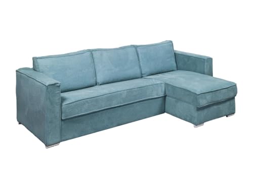 Vente-unique - Canapé d'angle Convertible Express et réversible en Velours côtelé Bleu Turquoise - Couchage à Lattes Larges 160 cm - Matelas 14 cm Loreto