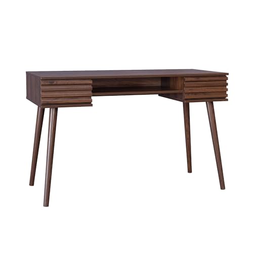 sweeek - Bureau Effet Bois 2 tiroirs MADERE Noyer. 1 casier. façade rainurées. 120 x 55 x 76.5 cm sweeek - Bureau Effet Bois 2 tiroirs MADERE Noyer. 1 casier. façade rainurées. 120 x 55 x 76.5 cm