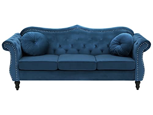 Canapé Type Chesterfield 3 Places en Velours Bleu avec Dossier Capitonné pour Salon au Style Vintage et Glamour Beliani