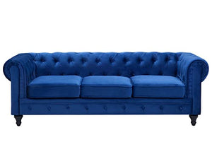 Canapé 3 Places en Tissu Bleu Assise Rembourrée Large Dossier Points Chesterfield