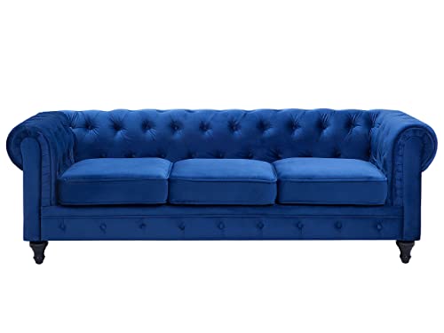 Canapé 3 Places en Tissu Bleu Assise Rembourrée Large Dossier Points Chesterfield