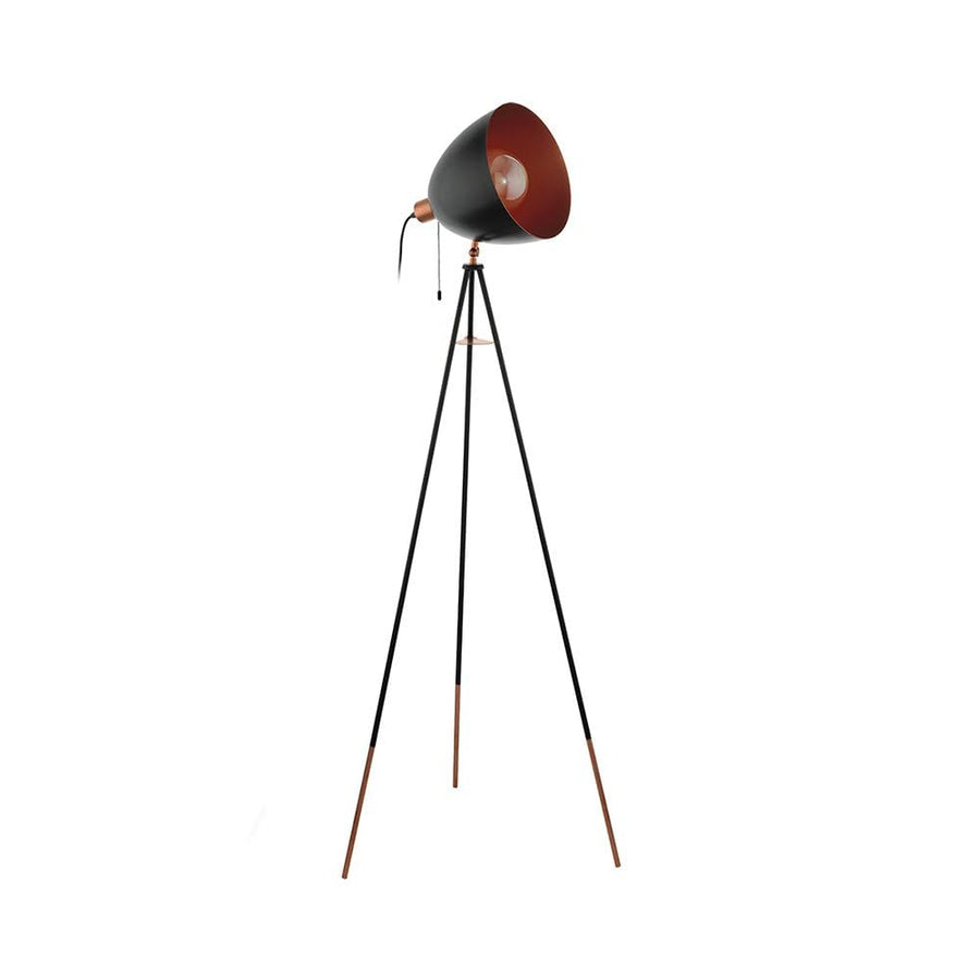 Eglo Lampadaire tripode Chester, lampadaire vintage 1 flamme, lampadaire en acier, couleur : noir, cuivre, douille : E27, interrupteur à tirette inclus Eglo Lampadaire tripode Chester, lampadaire vintage 1 flamme, lampadaire en acier, couleur : noir, cuivre, douille : E27, interrupteur à tirette inclus