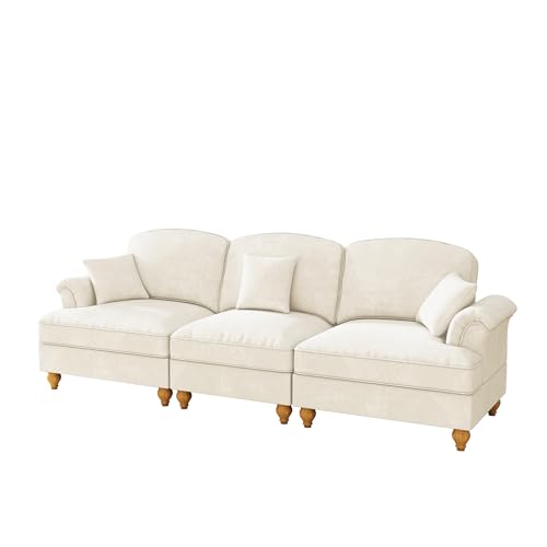 Dolamaní Canapé 3 places, petit format, avec accoudoirs évasés, volant amovible et pieds en bois, canapé 3 places et canapé en tissu chennille pour salon, blanc Dolamaní Canapé 3 places, petit format, avec accoudoirs évasés, volant amovible et pieds en bois, canapé 3 places et canapé en tissu chennille pour salon, blanc