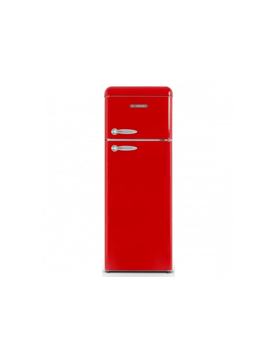 SCHNEIDER SCDD208VR, Réfrigérateur 2 portes Vintage, 211L (172+39), Froid statique, 3 clayettes verre, Pieds réglables, 5 balconnets, Rouge SCHNEIDER SCDD208VR, Réfrigérateur 2 portes Vintage, 211L (172+39), Froid statique, 3 clayettes verre, Pieds réglables, 5 balconnets, Rouge