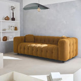 sweeek - Canapé 3 Places en Bouclette texturée capitonné Jaune Moutarde - Structure Bois d'eucalyptus et contreplaqué