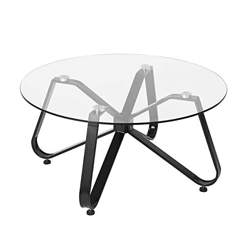 FurnitureR Table Basse, Table de Salon, Table Basse en Verre, Table Basse Ronde, Table Basse pour canapé, Chambre à Coucher, Structure en métal Solide, Noir + Transparent, 80 × 80 × 40 cm