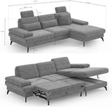 CAVADORE Moritz Canapé d'angle avec Chaise Longue, lit, Coffre de lit, réglage de la Profondeur d'assise, appuie-têtes et Pieds en métal Noir Mat, 275 x 82-107 x 171 cm, tissé à Plat, Gris