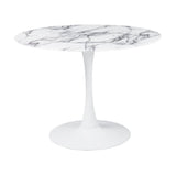 Table à Manger Ronde pour 4 à 5 Personnes diamètre 100 cm, Plateau en Verre trempé Aspect marbre Blanc, Base Ronde en métal Blanc - Tulips