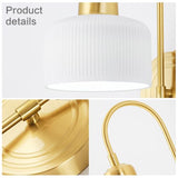 Jadssox Applique murale nordique en laiton pour chambre à coucher, applique murale en céramique avec abat-jour plissé blanc, luminaire mural à bras long doré, lampes murales en laiton de salon de chev