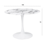 Table à Manger Ronde pour 4 à 5 Personnes diamètre 100 cm, Plateau en Verre trempé Aspect marbre Blanc, Base Ronde en métal Blanc - Tulips