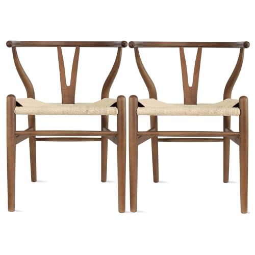 Chaise Wishbone du milieu du siècle – Chaise de salle à manger en bois massif avec accoudoirs, siège en chanvre, finition frêne et noyer, mobilier de maison expresso élégant pour les intérieurs