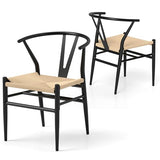 RELAX4LIFE Lot de 2 Chaise Wishbone, Chaise Scandinave Salle a Manger, Assise Tissée en Corde de Papier, Dossier en Y, Cadre Métallique, Chaises Salon Intérieur pour Bureau Cuisine (Noir+Naturel,1)