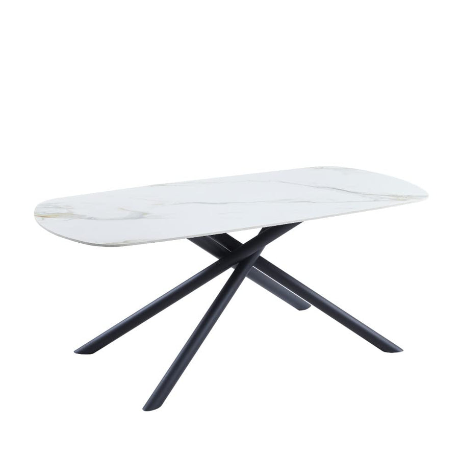 Casa Vital Table à manger AZGON, blanc et or, 180 x 90 x 76 cm, pierre frittée, motif marbre blanc avec veines dorées, pieds en métal noir avec forme intéressante
