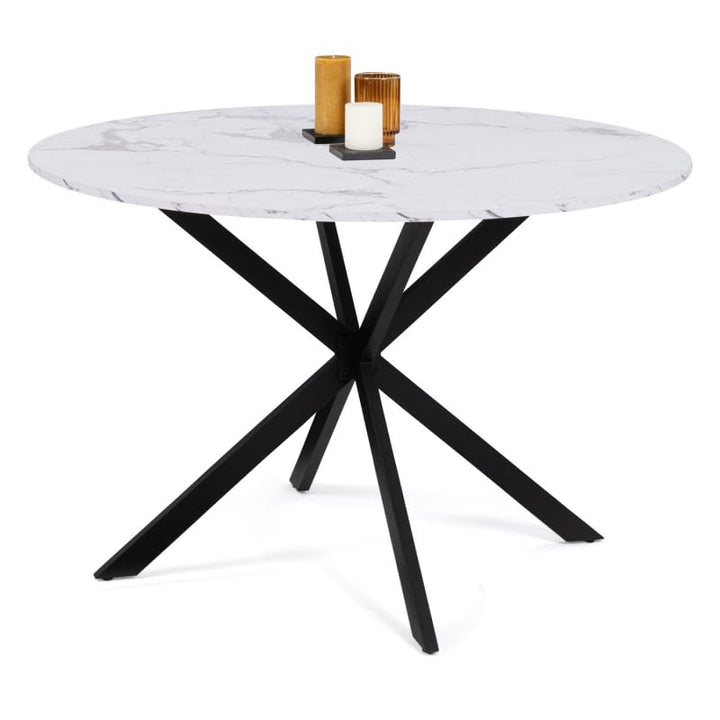 IDMarket - Table à Manger Ronde Alix 4-6 Personnes Pied araignée métal Noir et Plateau Effet marbre Blanc Alaska 110 cm IDMarket - Table à Manger Ronde Alix 4-6 Personnes Pied araignée métal Noir et Plateau Effet marbre Blanc Alaska 110 cm