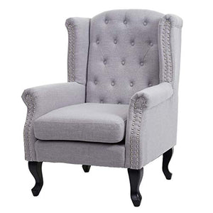 Fauteuil de Luxe Chesterfield, Fauteuil à Oreilles, Tissu Hydrofuge - Gris sans ottomane