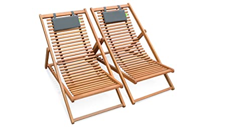 Alice's Garden - Chiliennes Bois à Lattes - Bilbao - 2 transats en Bois d'Eucalyptus huilé avec Coussin Repose-tête Gris