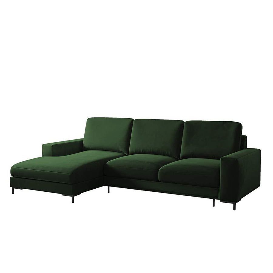 Selsey Mokpeo Canapé d'angle Convertible avec Coffre et Pieds Noirs 244 cm de Large (revêtement Velours Vert Bouteille, méridienne à Gauche)