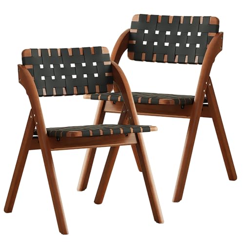 Qiydia Chaises De Salle à Manger Pliantes en Bois, Chaise De Cuisine avec Siège et Dossier en Cuir Tressé, Chaise D'appoint De Ferme pour Petit Salon, sans Assemblage(Set of 2, Brown1)