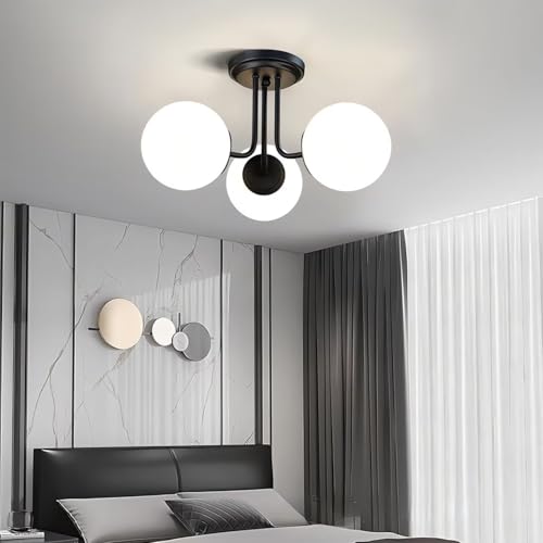 ZEHUILT Plafonnier Moderne, Lustre Suspendu Avec Abat-Jour Globe En Verre Blanc, Plafonnier Semi-Encastré à 3 LumièRes, Pour Salon Chambre Cuisine Couloir, Noir