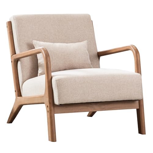 EBELLO Fauteuil de salon avec Cadre en Bois et Coussin, Beige