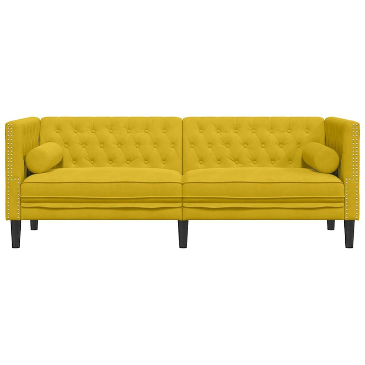 Ordellia Canapé Chesterfield 3 Places Jaune en Velours, canapé Divan Sofa Banquette, traversins Inclus, accoudoir et Dossier capitonnés, Salon séjour Maison, Structure Bois Massif