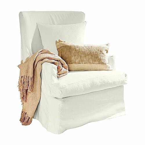 Loberon Williamson Fauteuil style maison de campagne avec coussin décoratif et housse de coussin lavable en bois de pin et viscose Blanc