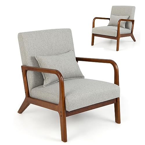 Fauteuil moderne rembourré avec pieds antidérapants en bois d'hévéa pour salon, chambre à coucher, bureau (gris avec soutien lombaire) assise confortable