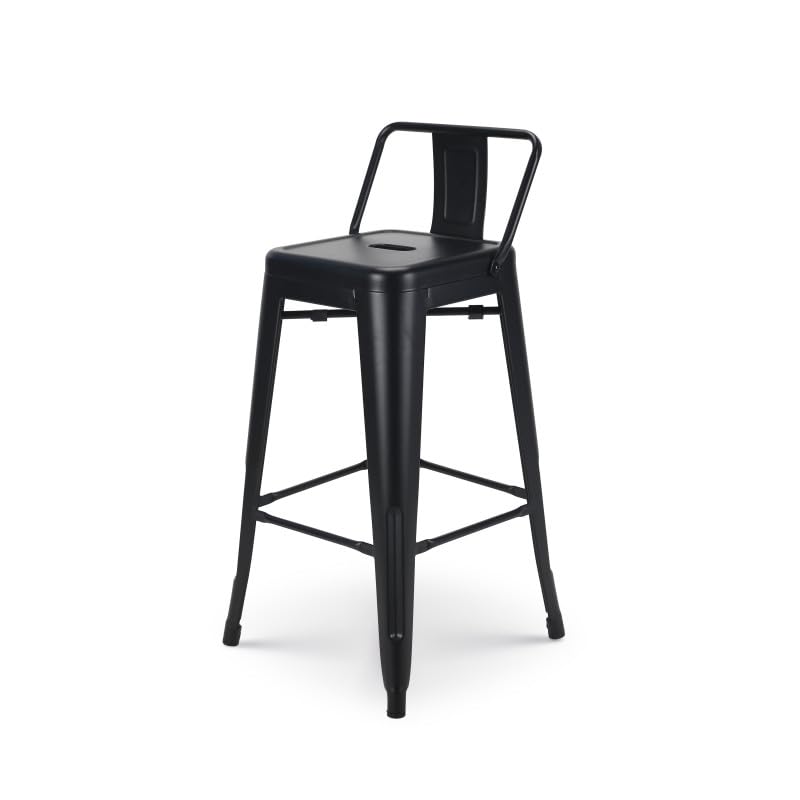 Tabouret de Bar en métal Noir Mat Style Industriel - avec Dossier - Hauteur 66cm