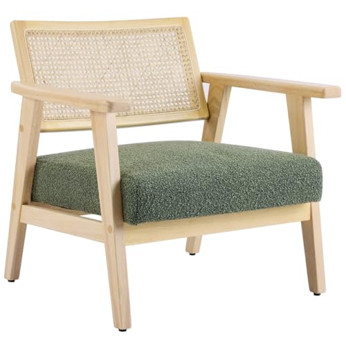 HOMIFAB Fauteuil en Tissu bouclé Vert et cannage Naturel - Tim HOMIFAB Fauteuil en Tissu bouclé Vert et cannage Naturel - Tim