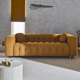 sweeek - Canapé 3 Places en Bouclette texturée capitonné Jaune Moutarde - Structure Bois d'eucalyptus et contreplaqué