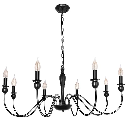 Lustre De Ferme Noir Mat Luminaire Plafond 8 Grands Lustres Industriels Rustiques Ø95cm Pour Salle À Manger Plafonnier Bougie Pour Salon Chambre Cuisine Îlot Foyer