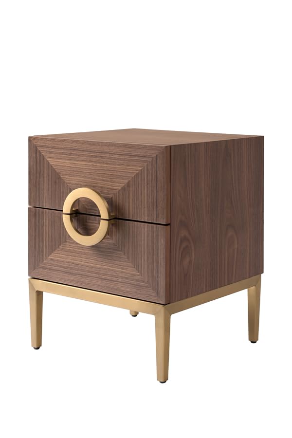 My Furniture Brewster – Table de Chevet à Deux tiroirs en placage de Noyer décoratif – Poignées et Base en Laiton Circulaire – Style hôtel de Luxe – Meuble Moderne, élégant et spacieux.