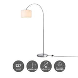 Home Sweet Home Moderne Lampadaire | arc Duke | 98/30/180cm | Acier brossé | Lampe sur pied Fischer avec abat-jour blanc | E27 | avec interrupteur au pied | pour le salon