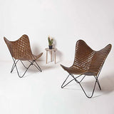 HOMESCAPES Fauteuil Papillon en Cuir véritable Marron Losanges et métal, Chaise en Cuir Vintage, Fauteuil rétro, 88 x 77 cm